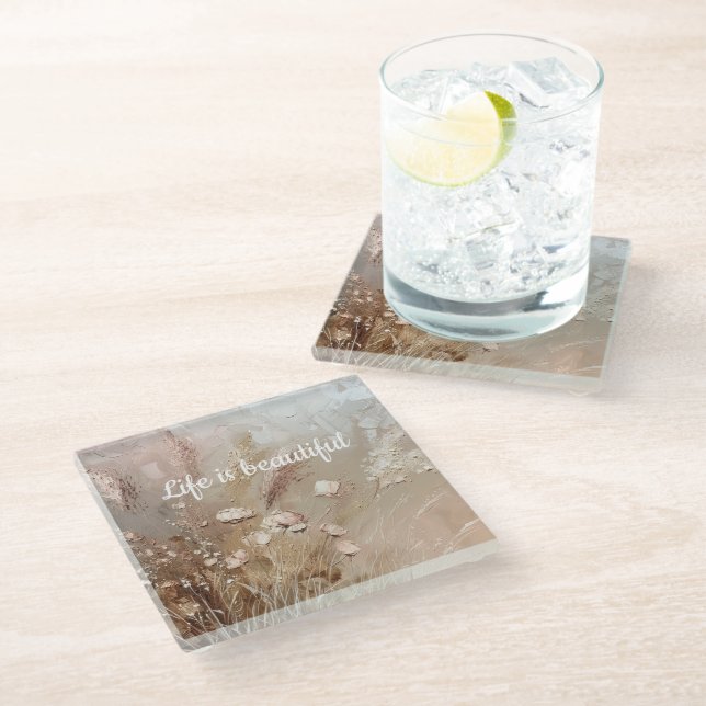 Beige Blush Boho Floral  Glass Coaster (Angled)