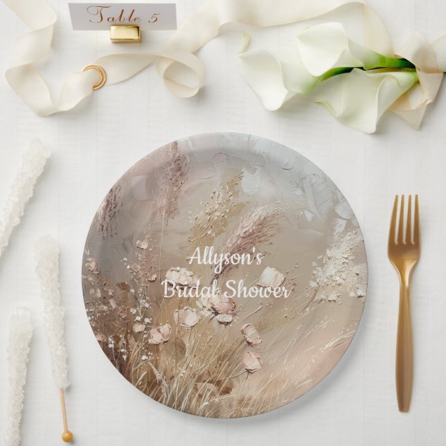 Beige Blush Boho Floral Paper Plates (Wedding)