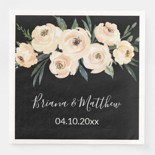 Beige Blush Floral on Black Wedding Paper Dinner Napkins