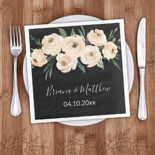 Beige Blush Floral on Black Wedding Paper Dinner Napkins