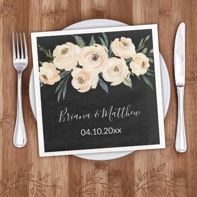 Beige Blush Floral on Black Wedding Paper Dinner Napkins (Creator Uploaded)