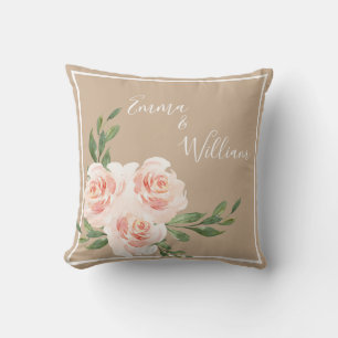 Beige Blush Floral Romantic Names Script Wedding Throw Pillow