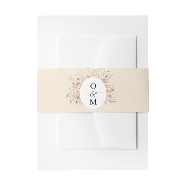 Beige Blush Meadow Wildflower Monogram Wedding Invitation Belly Band (Front Example)