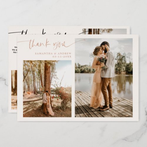 Beige blush script 5 photos thank you wedding foil invitation