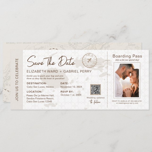 Beige Boarding Pass Destination Wedding Fiji Map Invitation (Front/Back)