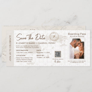 Beige Boarding Pass Destination Wedding Fiji Map Invitation
