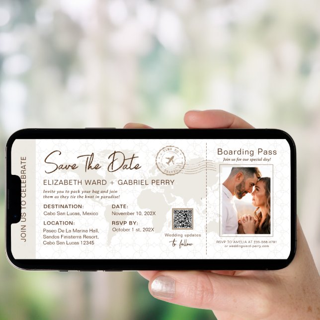 Beige Boarding Pass Destination Wedding Qr Code Invitation (Front Digital)