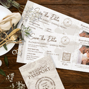 Beige Boarding Pass Destination Wedding QR code Invitation