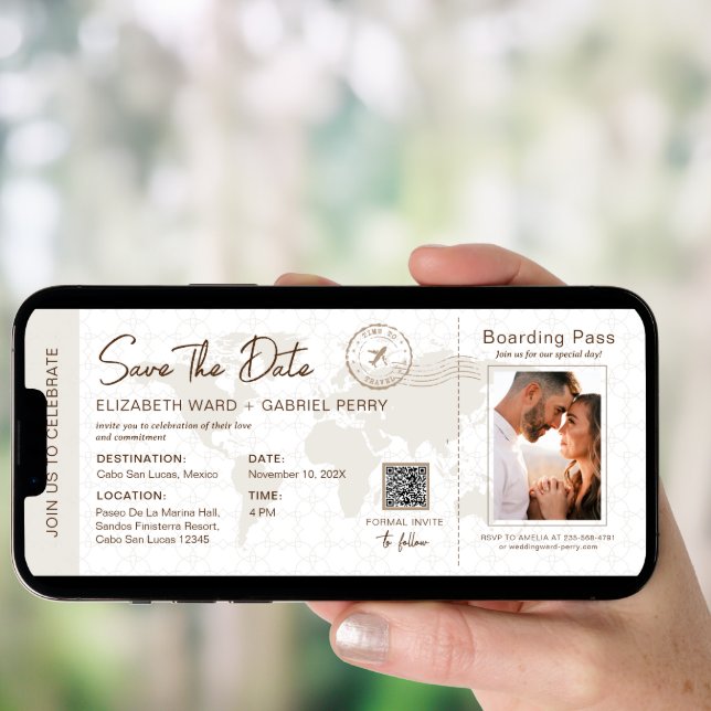 Beige Boarding Pass Travel Wedding Qr Code Invitation (Front Digital)