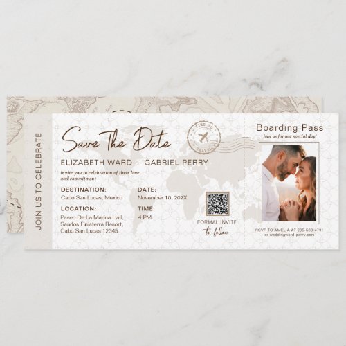 Beige Boarding Pass Travel Wedding Qr Code Invitation