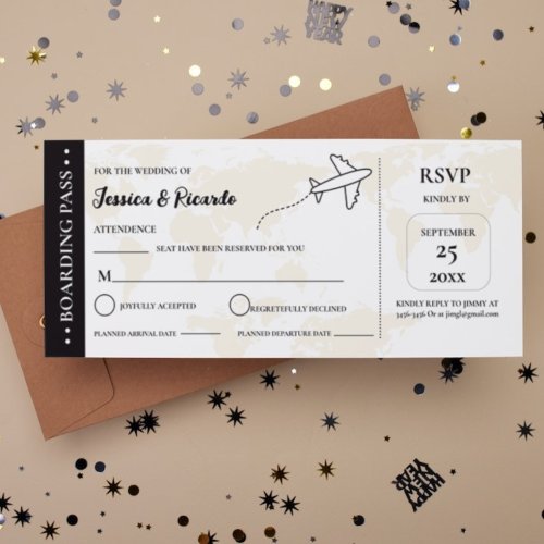 Beige boarding pass wedding RSVP enclosure card