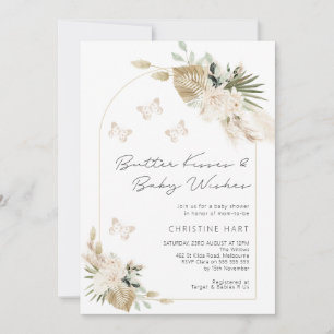 Beige Bohemian Floral Butterfly Kisses Baby Shower Invitation