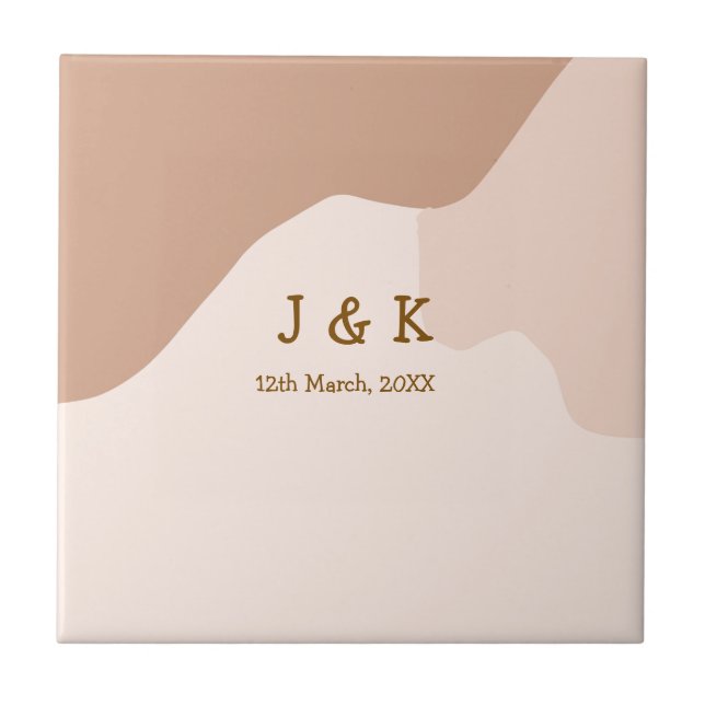 Beige boho curvy orange wedding name date ceramic tile (Front)