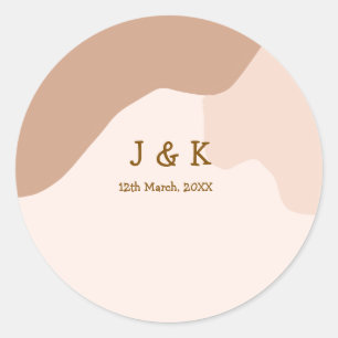 Beige boho curvy orange wedding name date classic round sticker