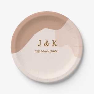Beige boho curvy orange wedding name date paper plates
