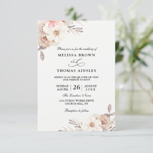 Beige Boho Elegant Budget QR Code Wedding Invitation