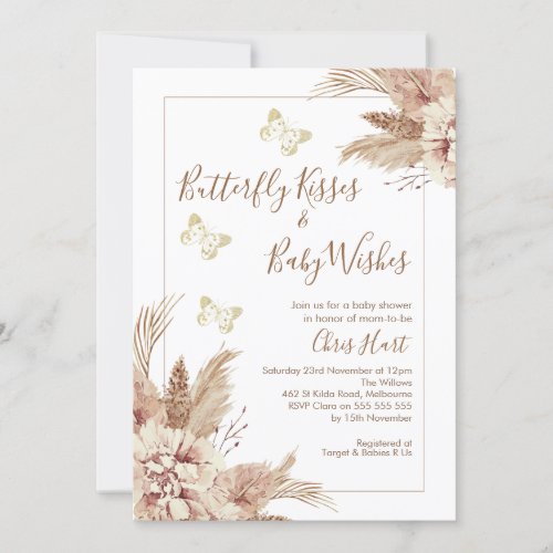  Beige Boho Floral Butterfly Kisses Baby Shower Invitation