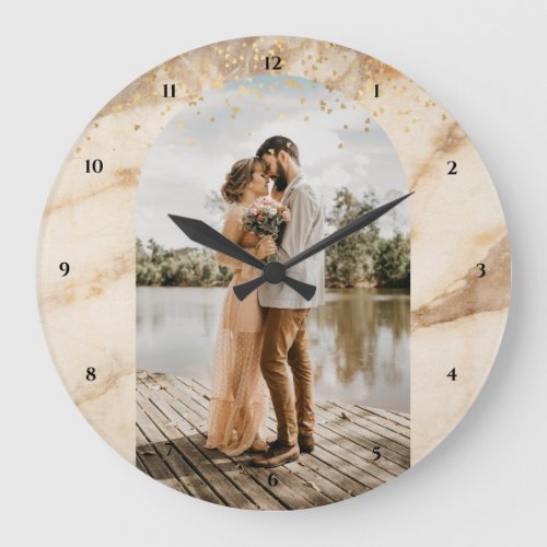 Beige Boho Frame Photo Newly Weds 1st Anniversary Large Clock