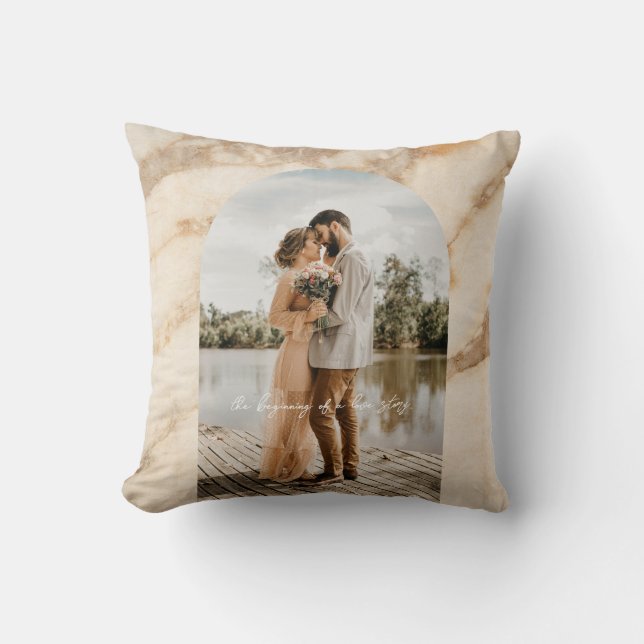 Beige Boho Frame Photo Wedding Anniversary Couple Throw Pillow (Front)