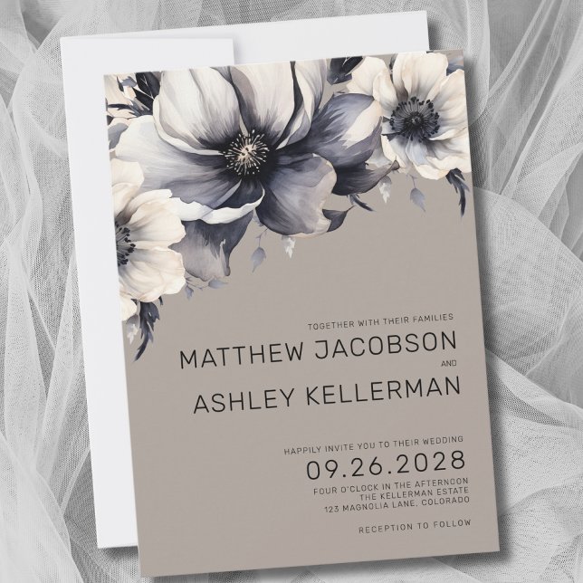 Beige Boho Neutral Floral Wedding Invitation (Chic Neutral Boho Black White Beige Floral Wedding Invitation)