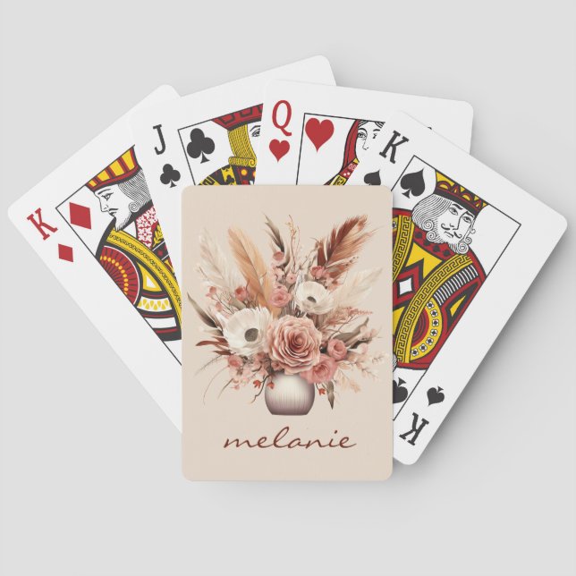 Beige Boho Personalized Floral Vase Artwork  Poker Cards (Back)