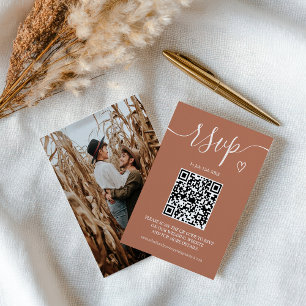 Beige boho terracotta wedding rsvp Qr code photo Enclosure Card