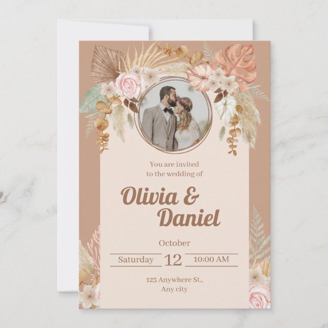 Beige Boho Watercolor Flowers Wedding Invitation (Front)