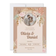 Beige Boho Watercolor Flowers Wedding Invitation