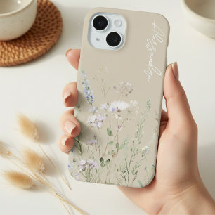 Beige Boho Watercolor Wildflowers iPhone 15 Case