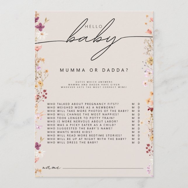 Beige boho wildflower baby shower mom or dad game advice card (Front)