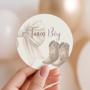 Beige Boots Or Bows Gender Reveal Team Boy Classic Round Sticker