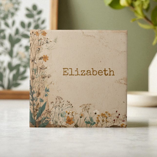 Beige Border Rustic Boho Wildflower  Ceramic Tile (Beige Border Rustic Boho Wildflower Ceramic Tile)