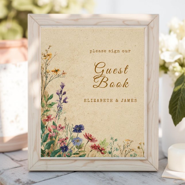 Beige Border Rustic Boho Wildflower GuestBook Sign (Creator Uploaded)