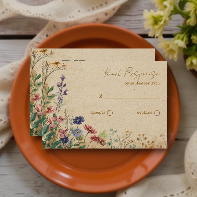 Beige Border Rustic Boho Wildflower QR Code RSVP Card (Creator Uploaded)