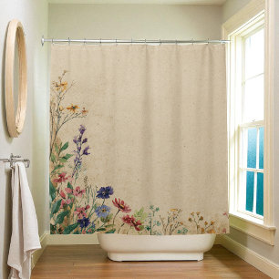 Beige Border Rustic Boho Wildflower  Shower Curtai Curtain