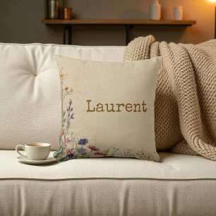 Beige Border Rustic Boho Wildflower Throw Pillow