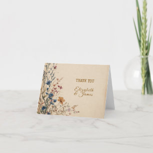 Beige Border Rustic Boho Wildflower Wedding Letterpress Thank You Card