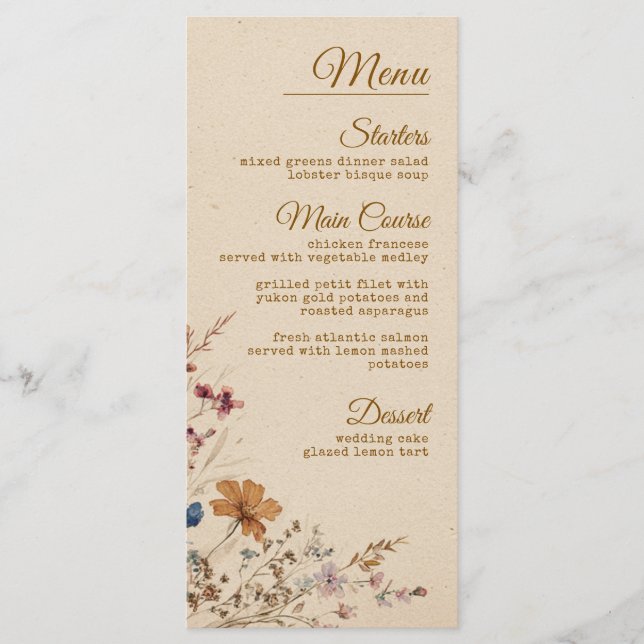 Beige Border Rustic Boho Wildflower Wedding Menu (Front)