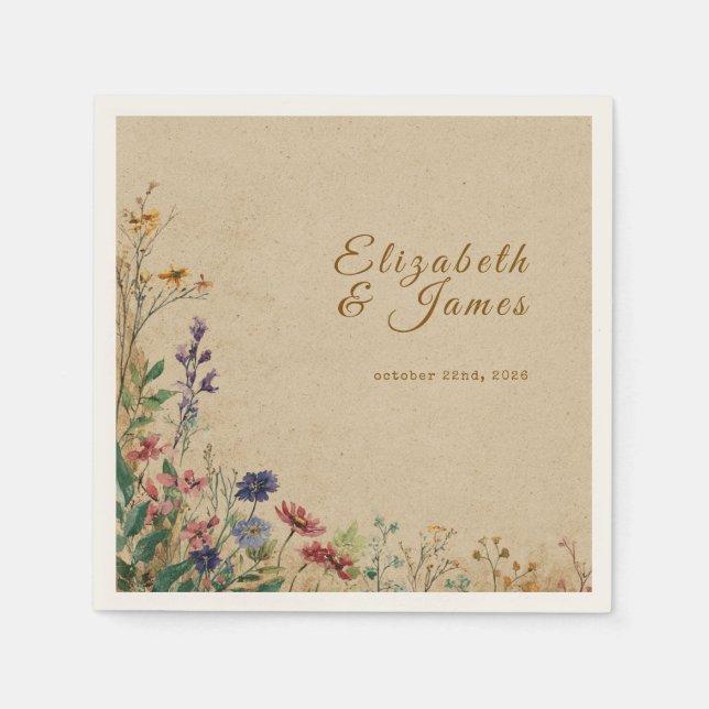 Beige Border Rustic Boho Wildflower Wedding Napkins (Front)