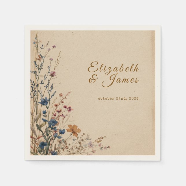 Beige Border Rustic Boho Wildflower Wedding Napkins (Front)