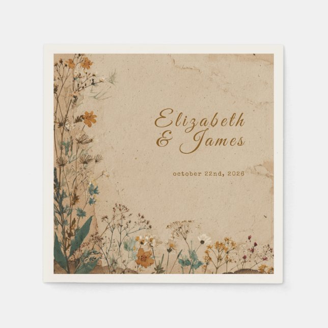Beige Border Rustic Boho Wildflower Wedding Napkins (Front)