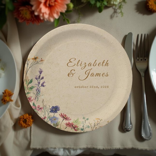 Beige Border Rustic Boho Wildflower Wedding Paper Plates (Creator Uploaded)