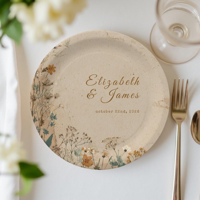 Beige Border Rustic Boho Wildflower Wedding Paper Plates (Creator Uploaded)