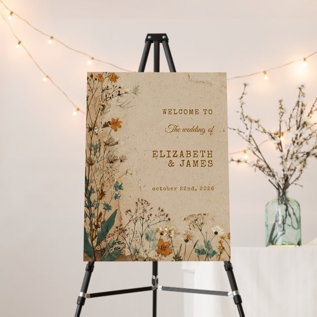 Beige Border Rustic Boho Wildflower Wedding Sign (In Situ (Stand))