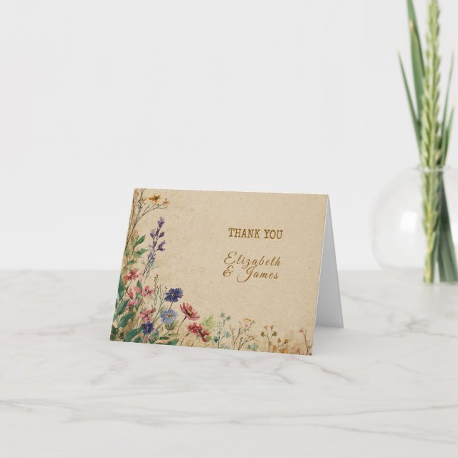 Beige Border Rustic Boho Wildflower Wedding Thank You Card (Front)