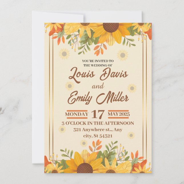 Beige botanical wedding with orange,yellow flowers invitation (Front)