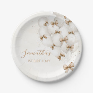 Beige Bow Balloons Birthday Paper Plates