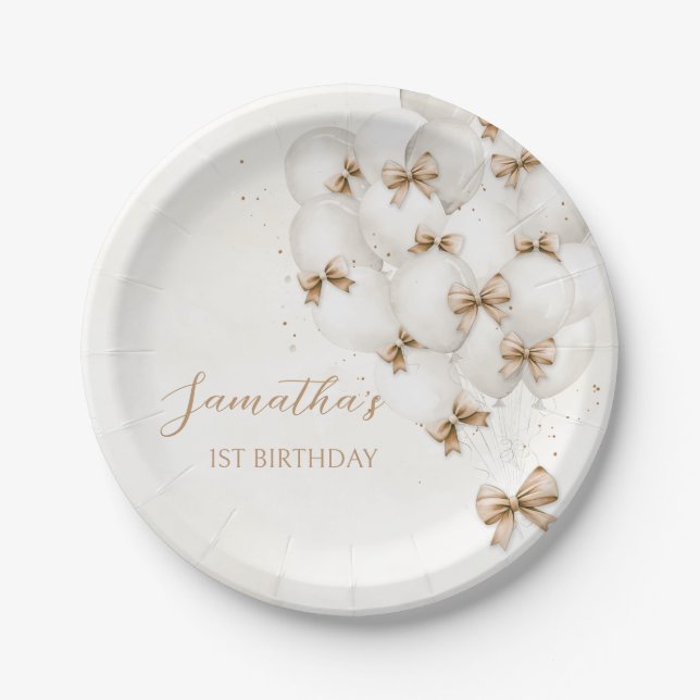 Beige Bow Balloons Birthday Paper Plates (Front)