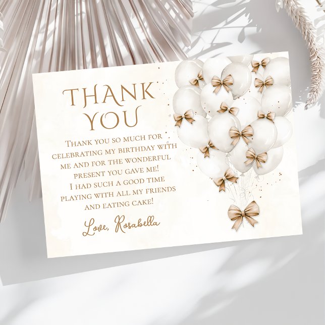 Beige Bow Balloons Girl Birthday Thank You Card (Creator Uploaded)