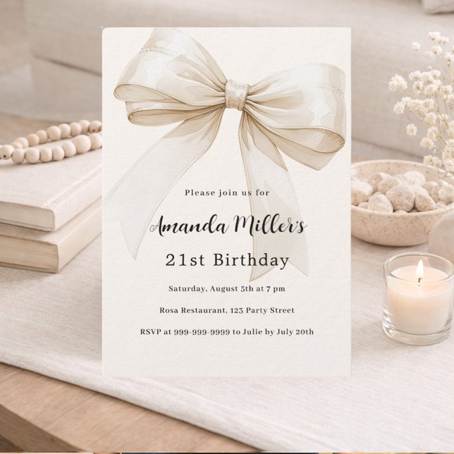 Beige bow elegant luxury birthday invitation (Creator Uploaded)